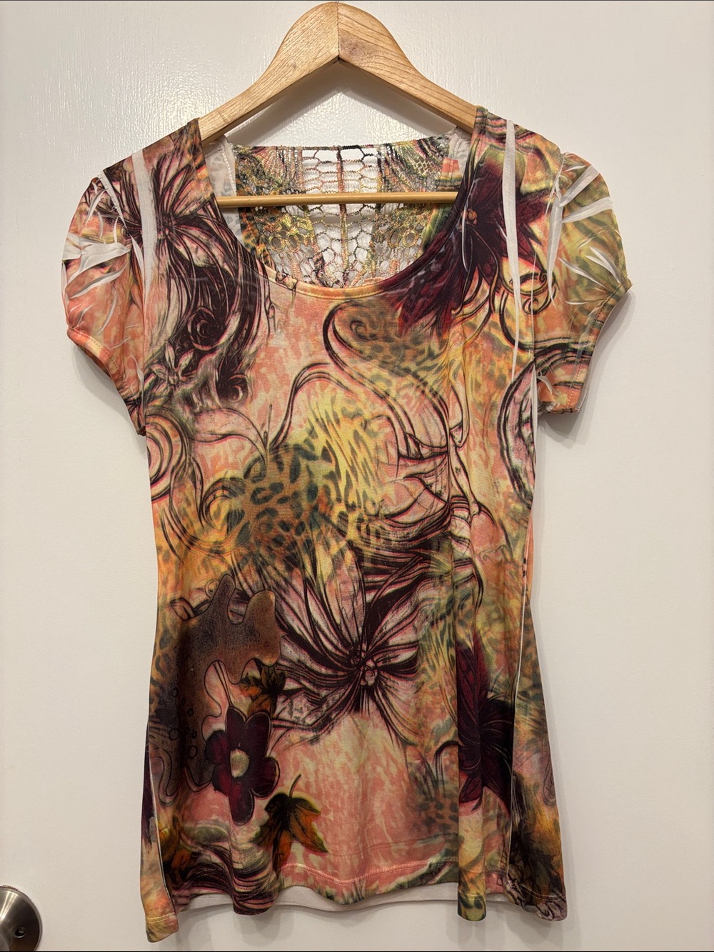 Y2K Multi-Colour Floral Abstract Scoop Neck Short Sleeve Top